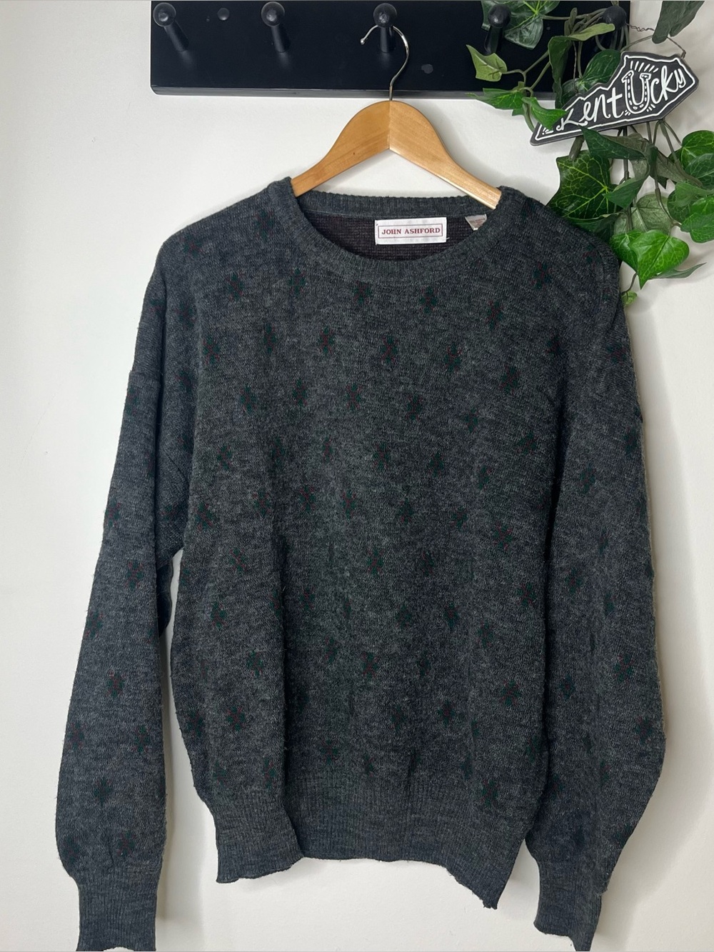 Vintage John Ashford Wool Blend Crewneck Geometric Knit Sweater L Made in Italy